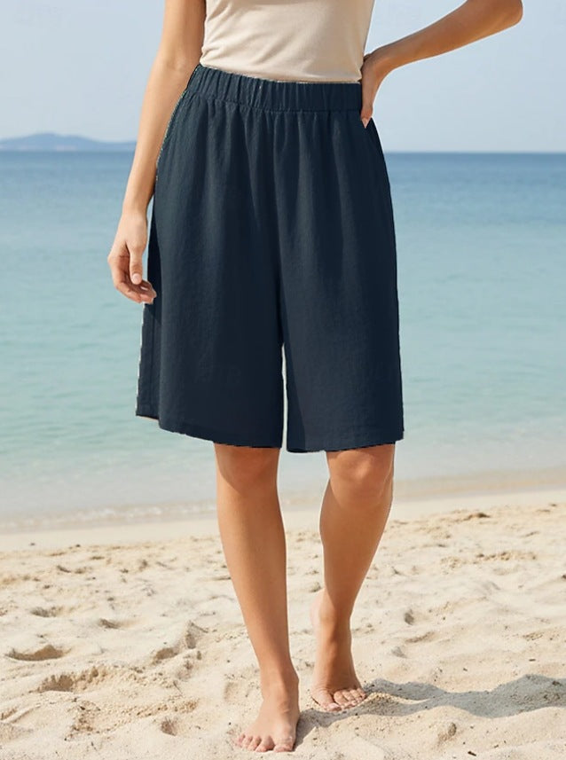 Women's Summer Loose Casual Cotton-Linen Elastic-Waist Capri Shorts