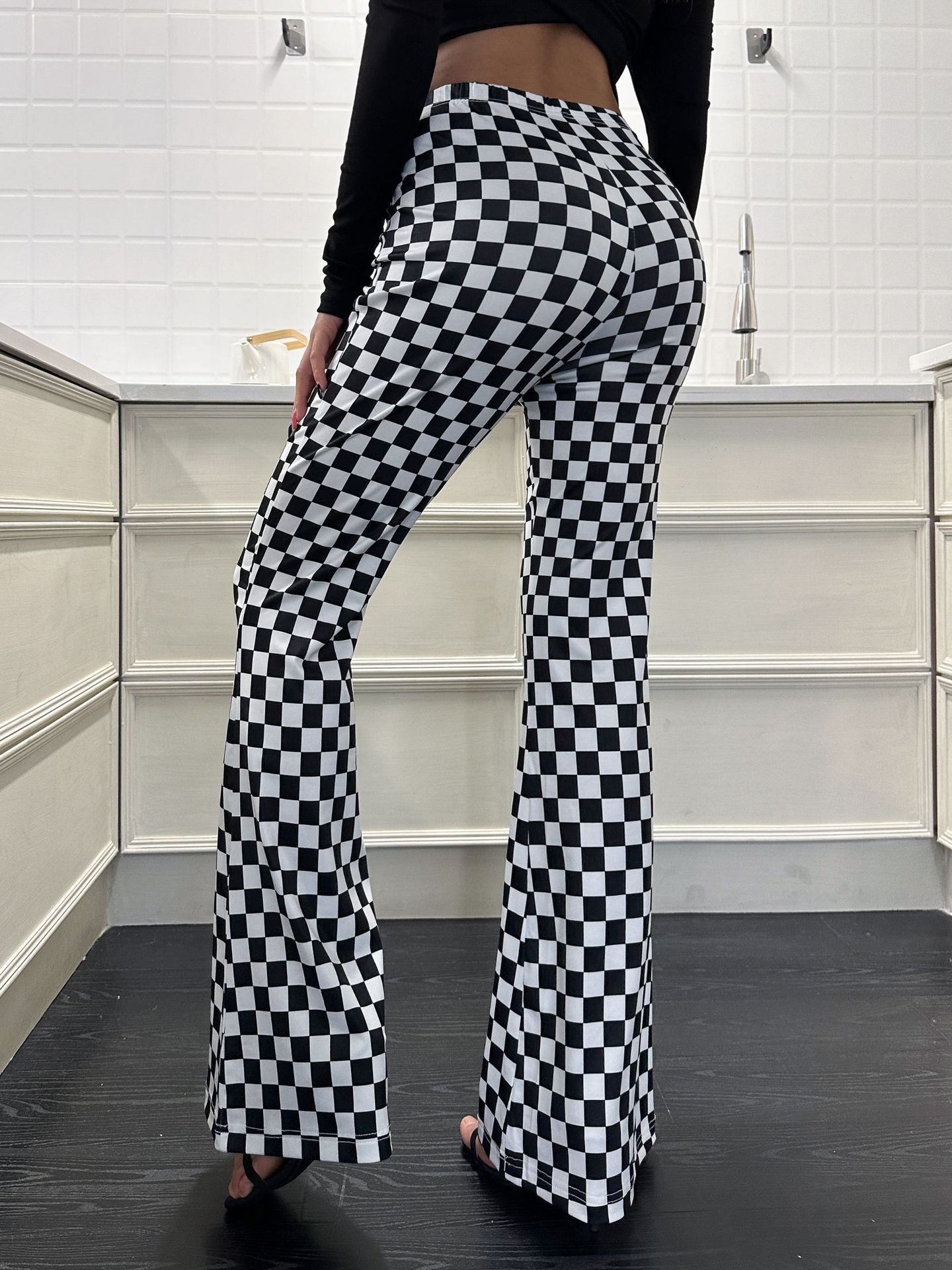 Checkerboard Flare Pants, Women's Fitness Casual Pants
