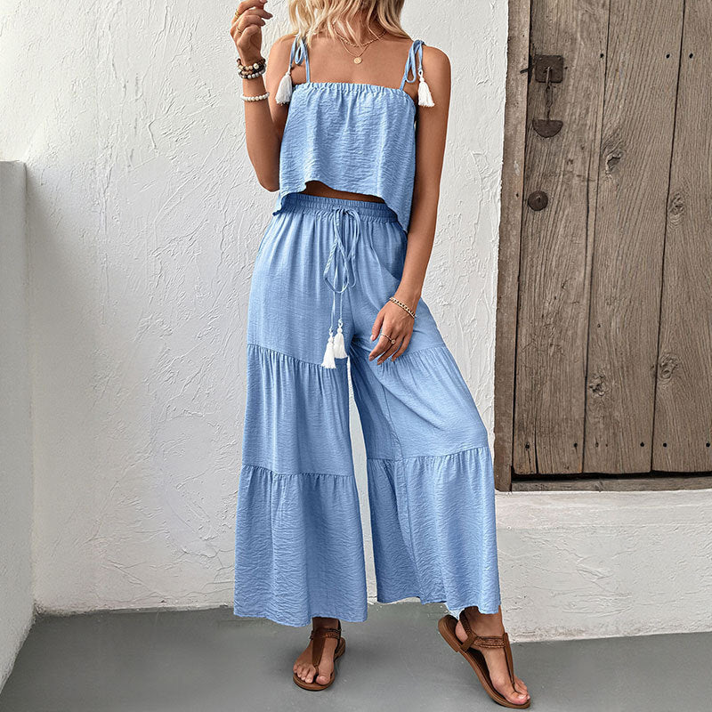 Women's Strappy Top and Wide-Leg Pants Set, Textured Summer Resortwear