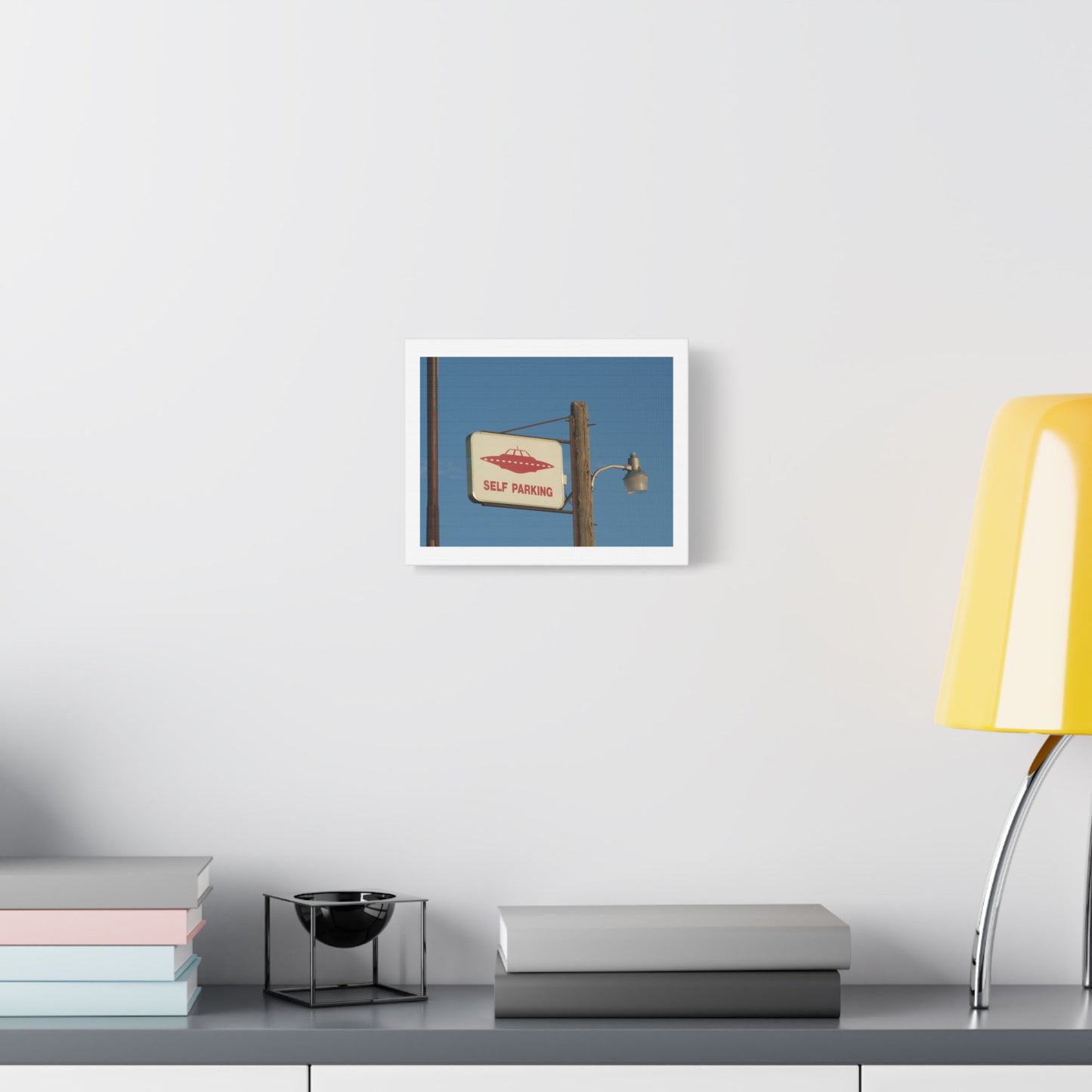 UFO Self Parking, Absurdist Decor Art, Print on Satin Canvas