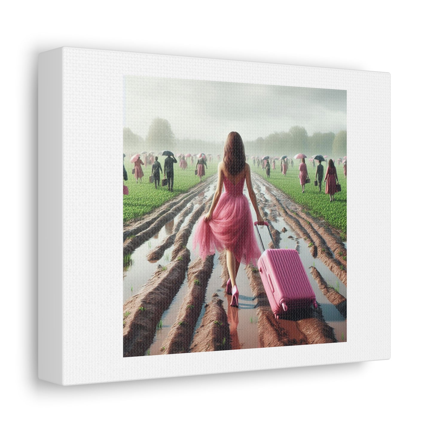 Woman in Pink Dress with Pink Luggage Walks Through the Muddy Field of Life 'Designed by AI' on Satin Canvas