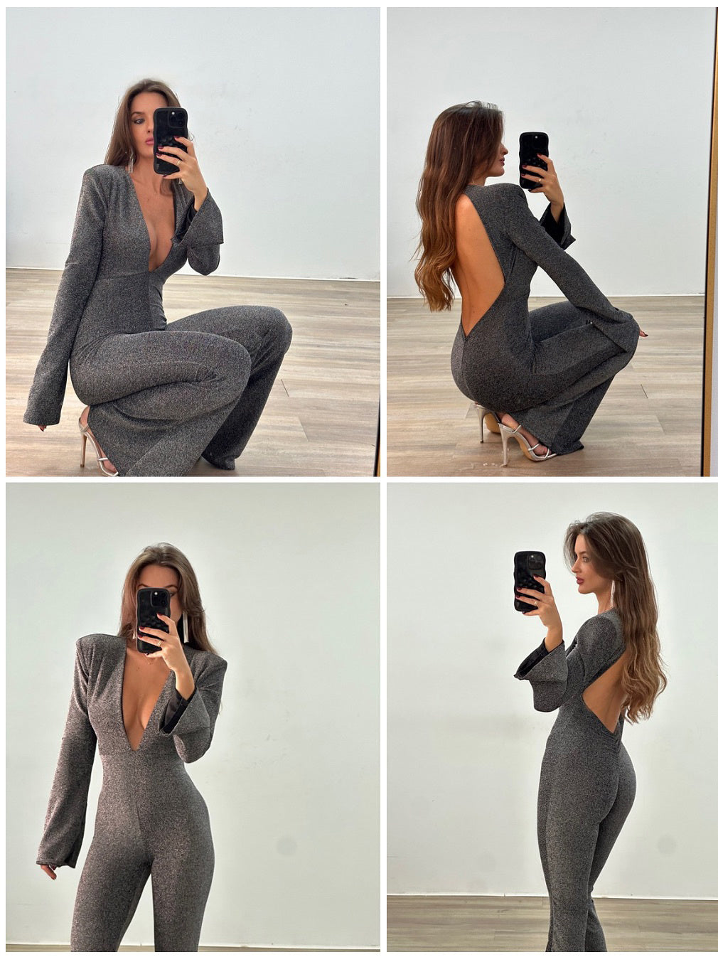 Elegant Grey Plunging Neckline Long-Sleeve Backless Jumpsuit