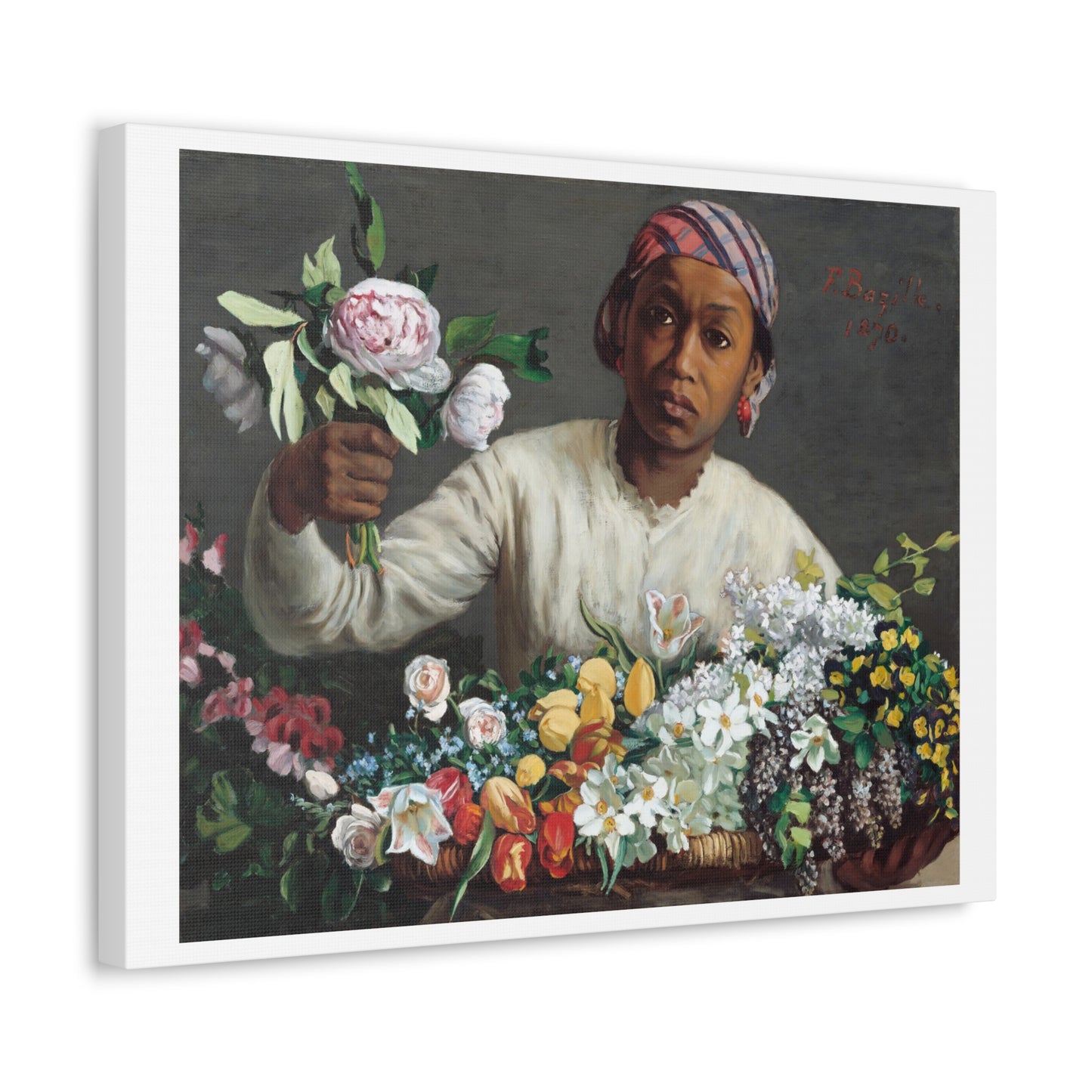 Young Woman with Peonies (1870) by Frédéric Bazille from the Original, Art Print on Canvas