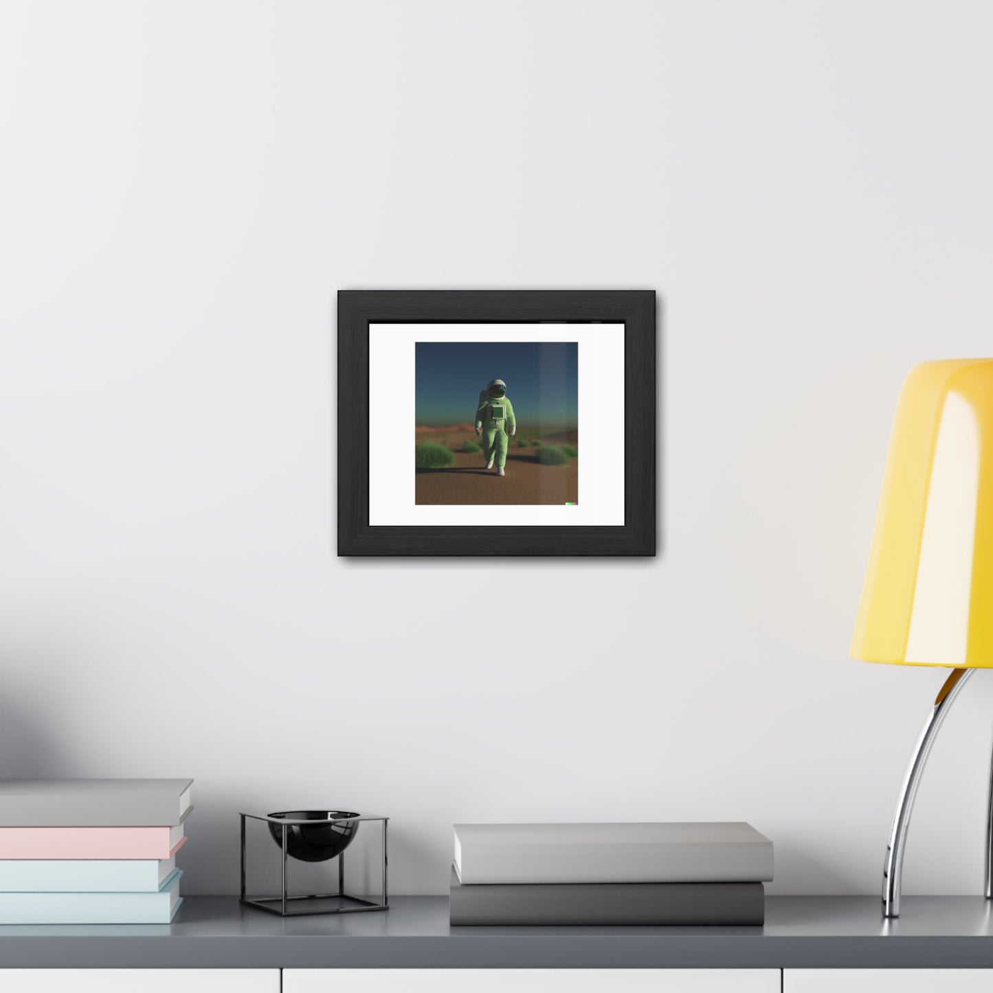 3D Render Of An Astronaut Walking In A Green Desert 'Designed by AI' Wooden Framed Print