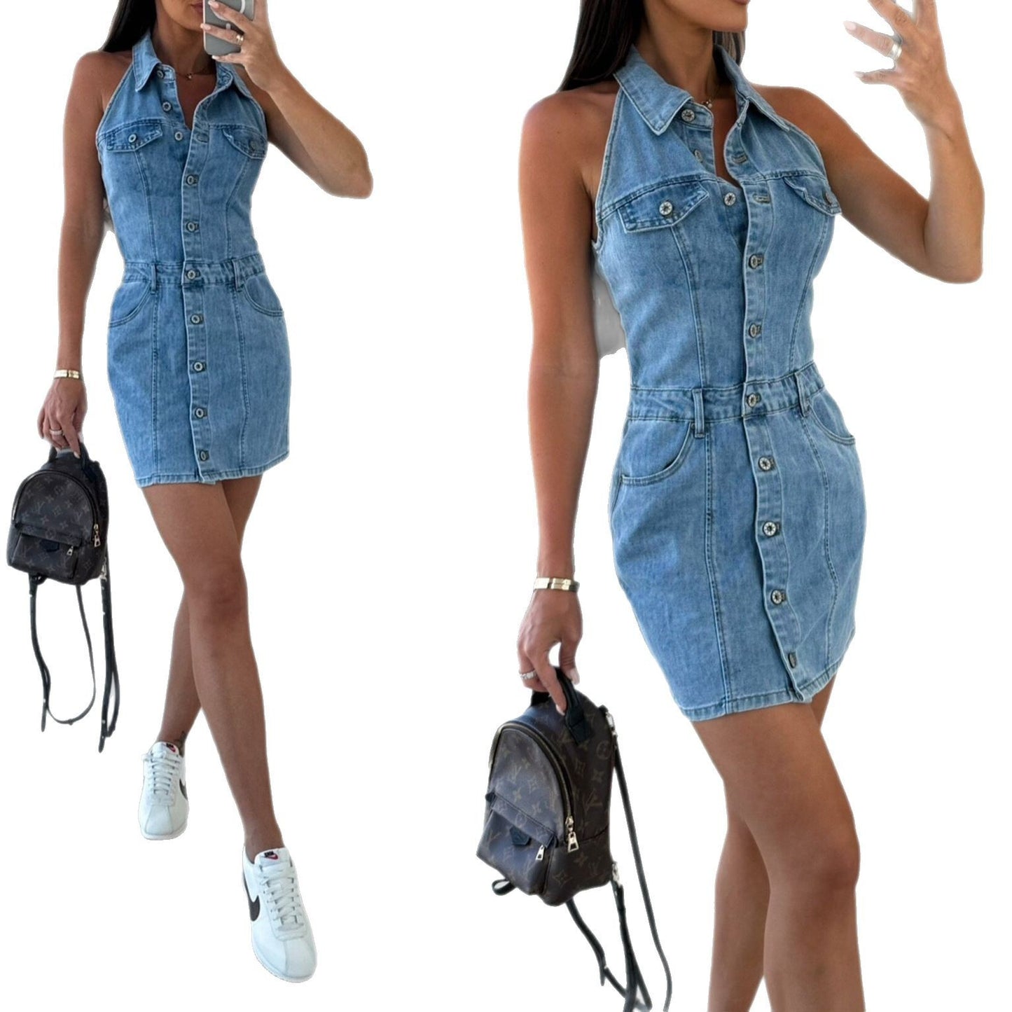 Single-Breasted Lapel Collar Sleeveless Denim Mini Dress
