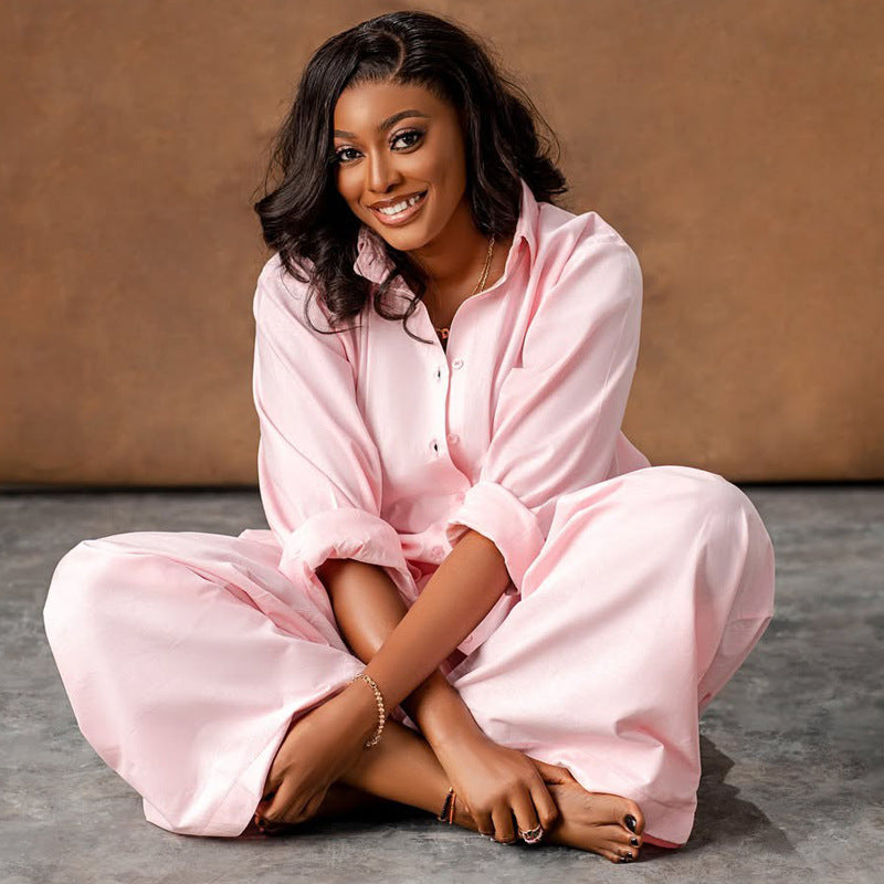 Vireous Long-Sleeve Shirt and Wide-Leg Pants Casual Loose Two-Piece Suit