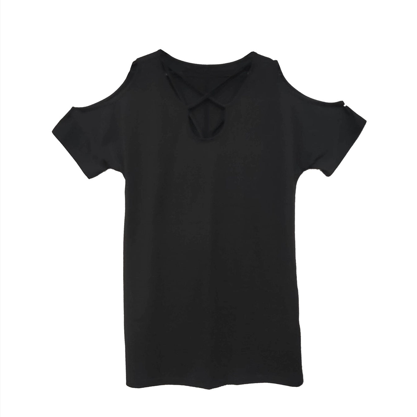Vireous Simple Versatile Black Dress, Loose Short Sleeves with Hip Wrap