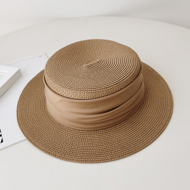 Flat Straw Hat, Women's French Woven 'Top Hat', Seaside Summer Travel Brimmed Hat