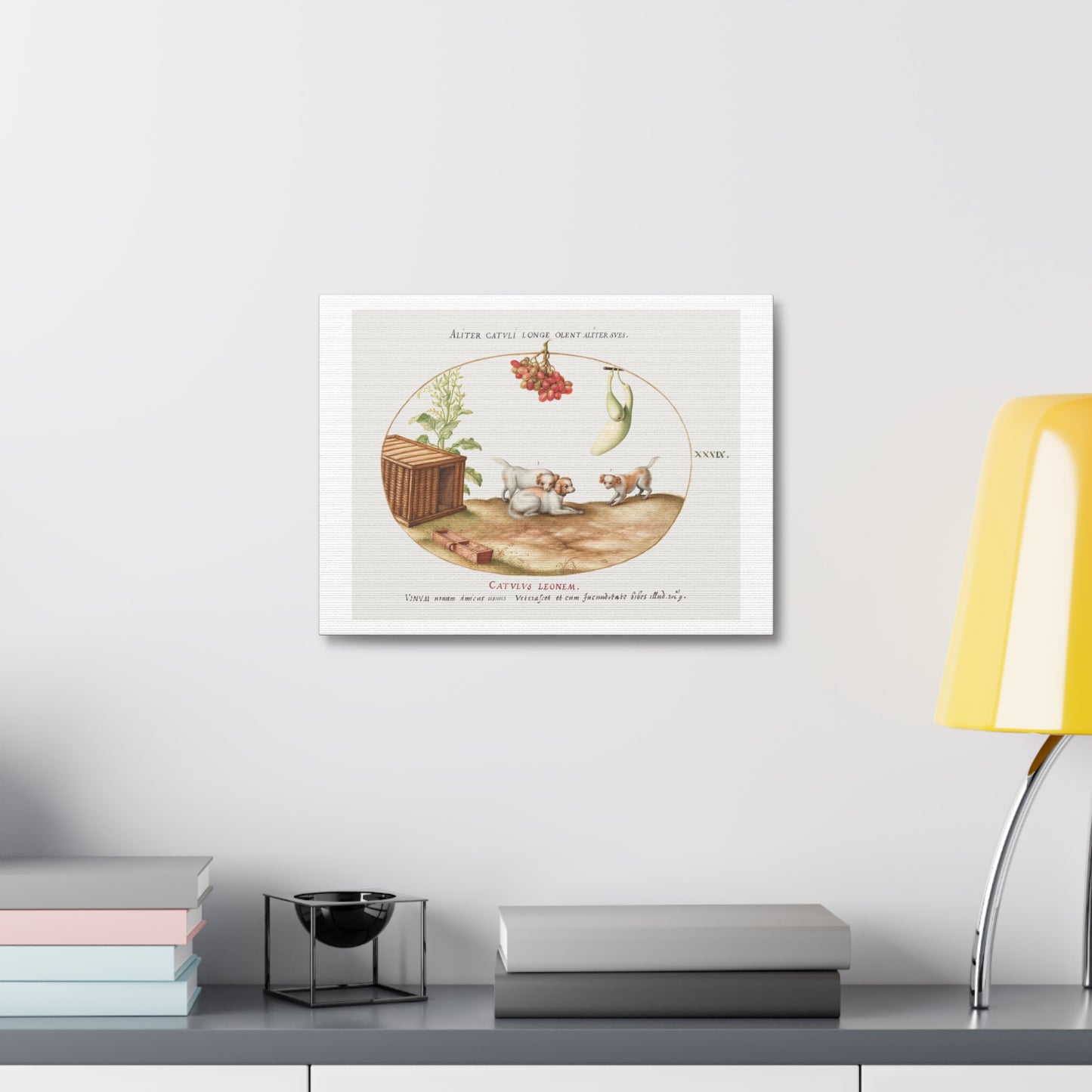 Three Puppies with a Crate and a Bunch of Grapes (1575–1580) by Joris Hoefnagel, from the Original, Print on Canvas