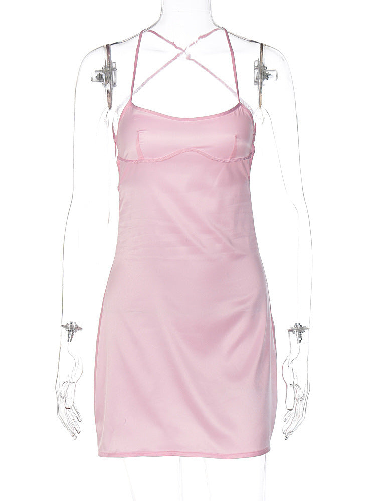 Vireous Solid Colour Fashion Strap Sling Cocktail Dress