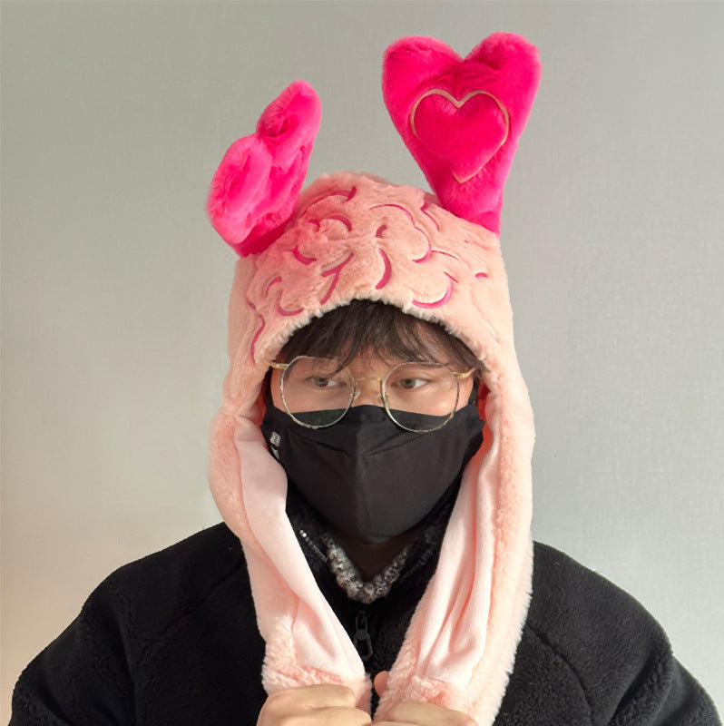 Brain Design Plush Handbag and Hat with Movable 'Love' Ears Two-Piece