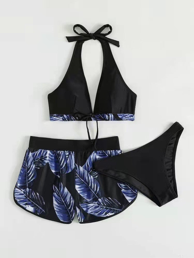 Three-Piece Leaf Print Bikini with Shorts, Fashion Summer Beach Swimsuit