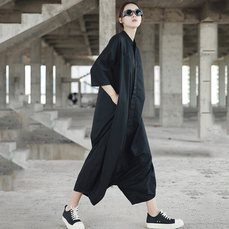 Minimalist Black Jumpsuit, Women's Loose Batwing Sleeve Pants Suit