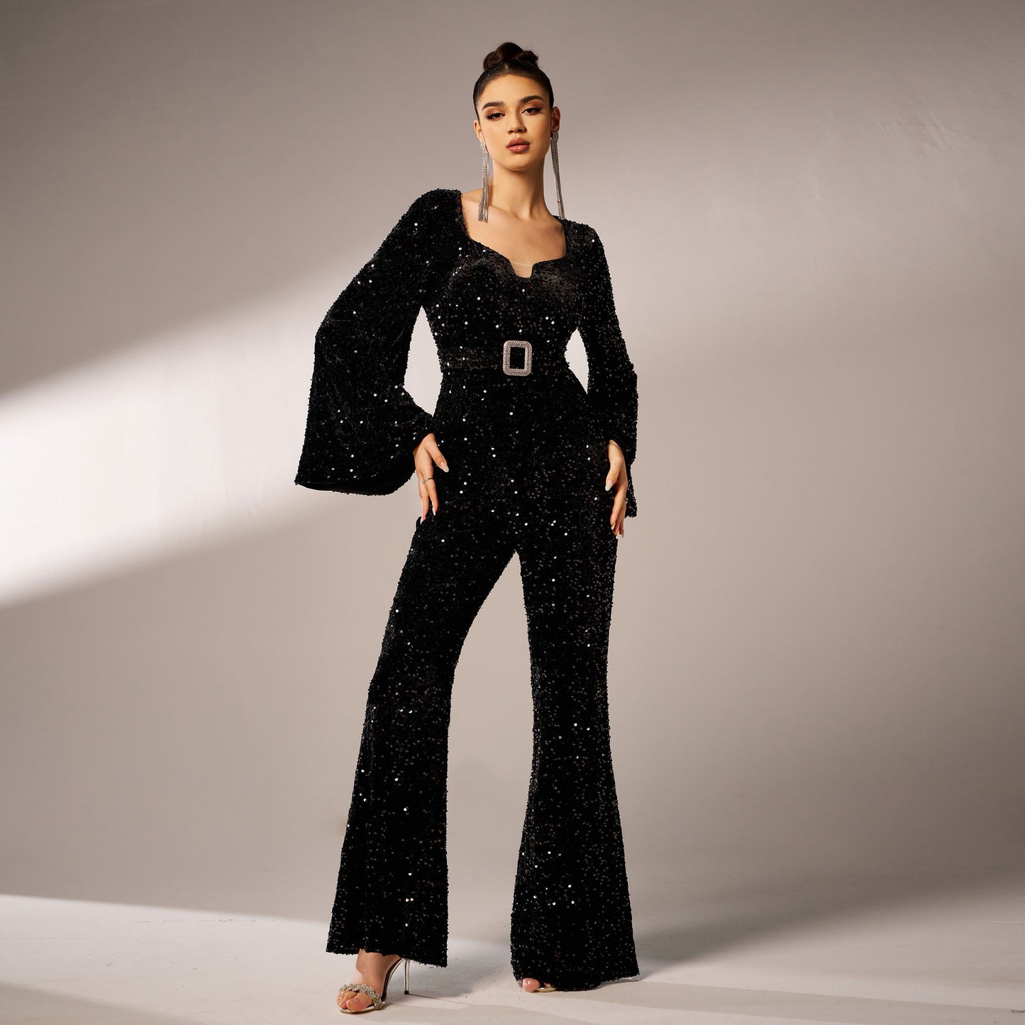 Long Sleeve Square-Neck Sheath Evening Sequined Jumpsuit