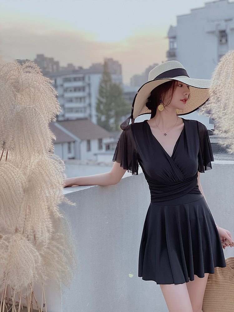 Vireous Elegant Gathered Resortwear Swimming Dress with Under Shorts