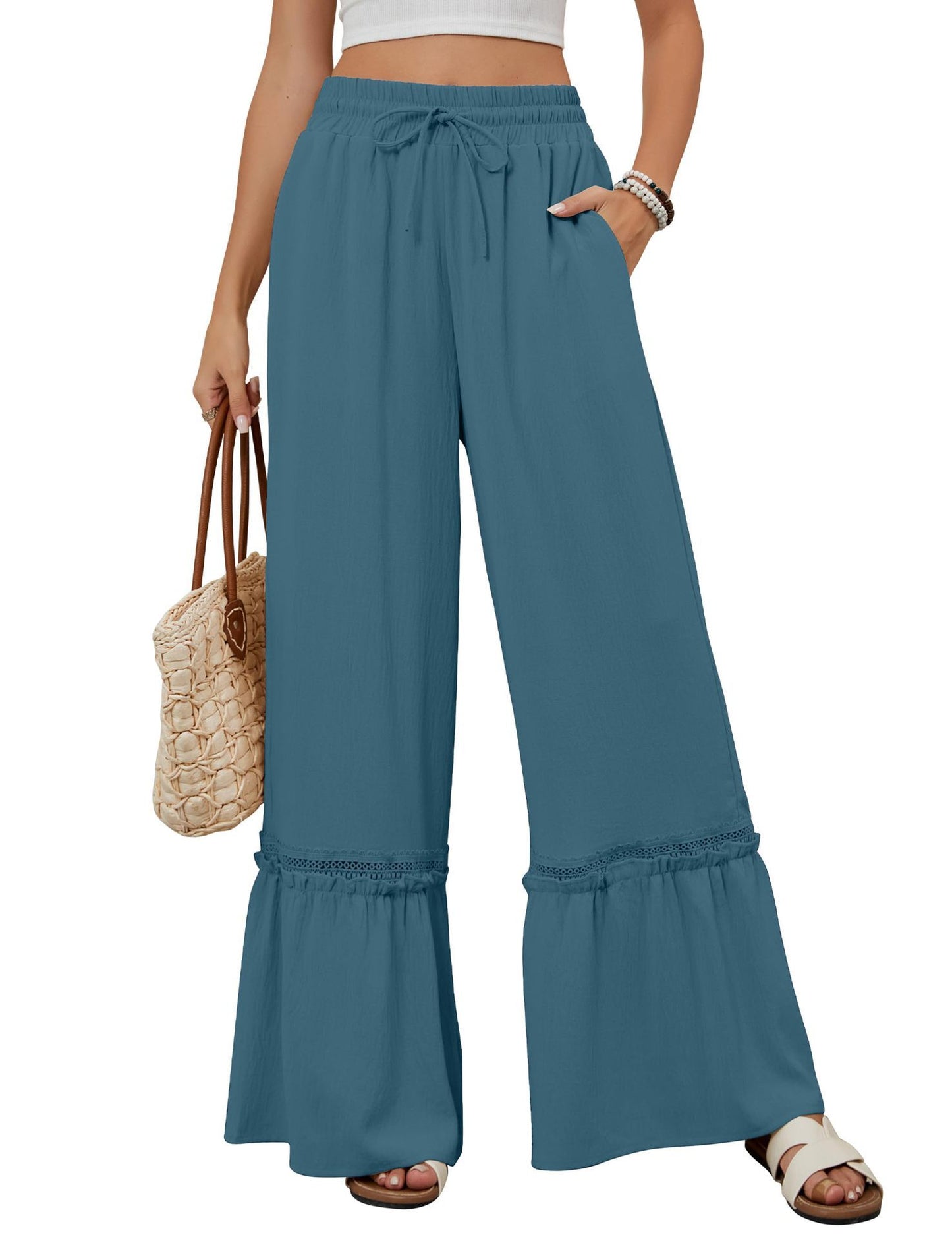 High-Waist Casual Pants, Women's Drawstring Wide-Leg Trousers
