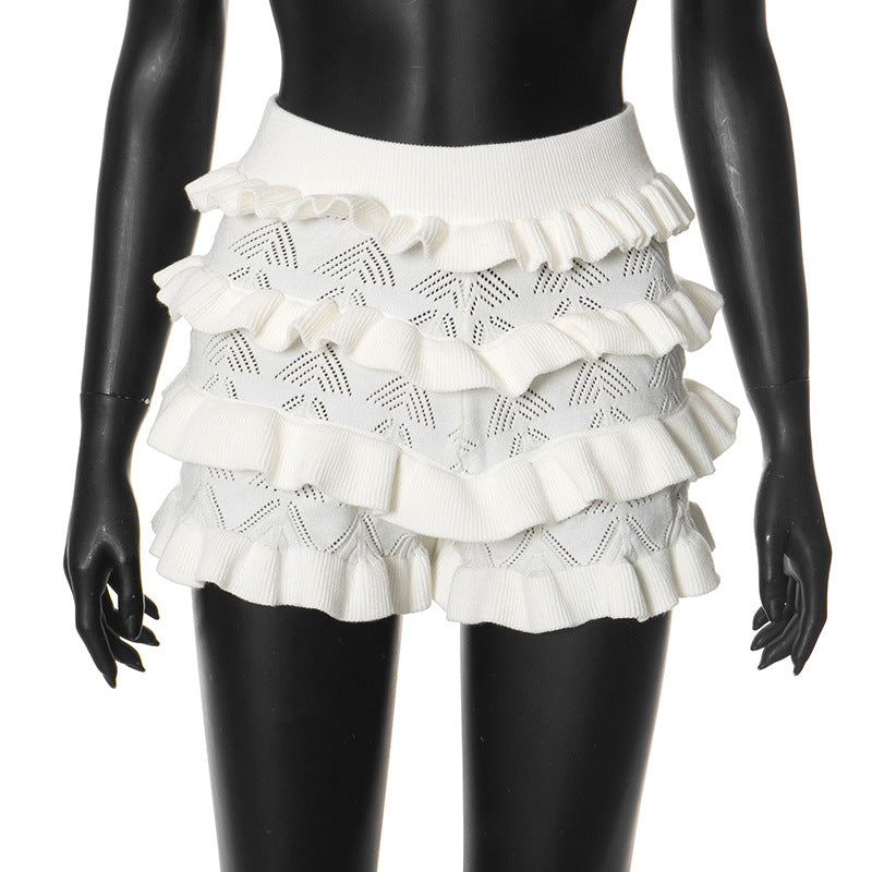 Sexy High-Waisted Knitted Multi-Layer Ruffle-Trimmed Shorts