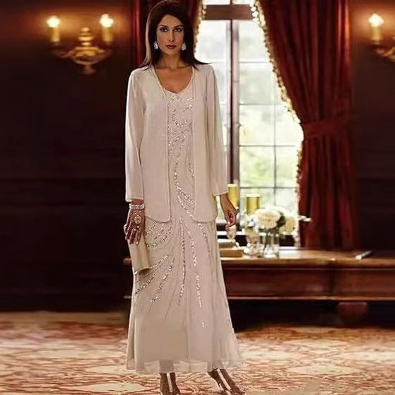 long sleeve scallop dress Sequined Scallop Neck Dress with Long-Sleeve Jacket, Chiffon Bride's M –  Vireous.Shop