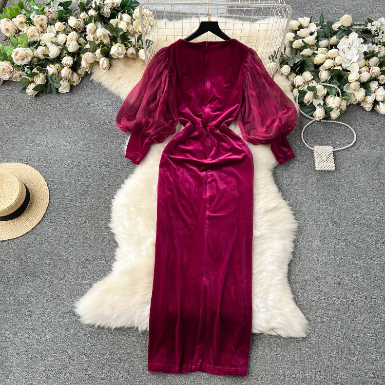 Vireous Vintage Velvet Dress, Lantern Sleeves Court-Style Midi Dress