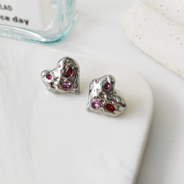 Irregular Heart Colourful Zirconia Stud Earrings