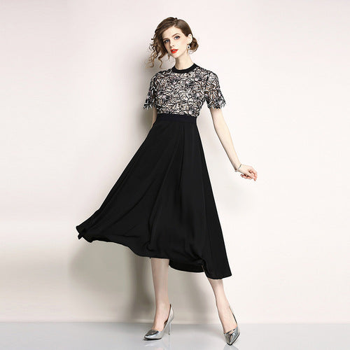 Lace Bodice Classic Short-Sleeve Black Cocktail Dress