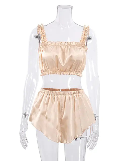 Vireous Two-Piece Set, Ruffle Spaghetti Strap Summer Vacation Style, Satin Top and Shorts