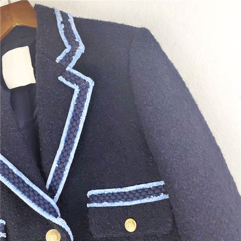 Vireous Blue Contrast-Piping Tweed Women's Luxury Blazer Jacket