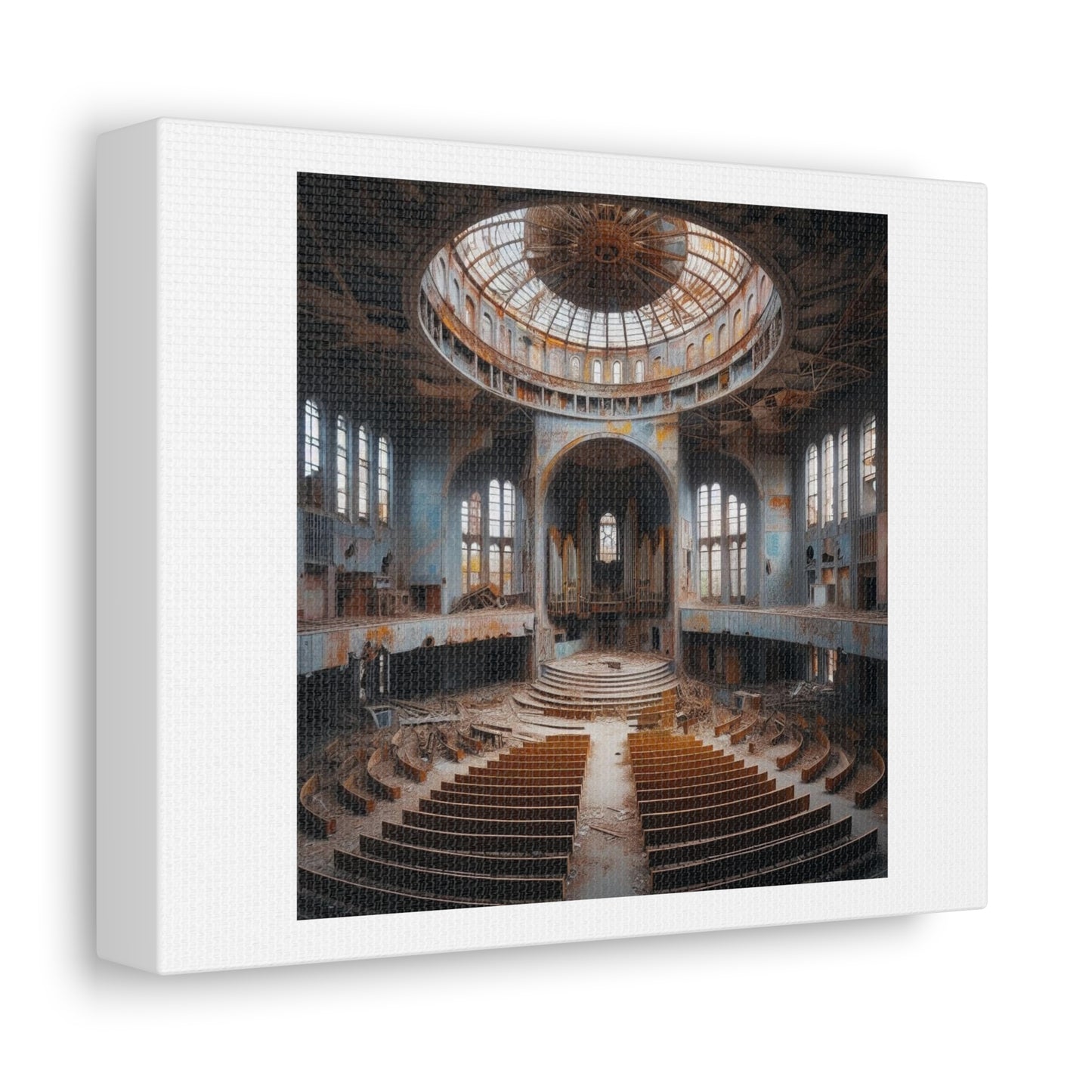 Huge Masonic Hall is Dilapidated and Falling Down III, Art Print 'Designed by AI' on Satin Canvas