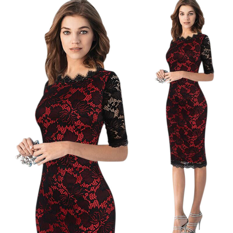 Vireous Floral Lace Overlay Sheer Half-Sleeve Dress