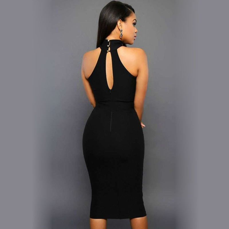 Vireous Sexy High Collar Black Party Dress