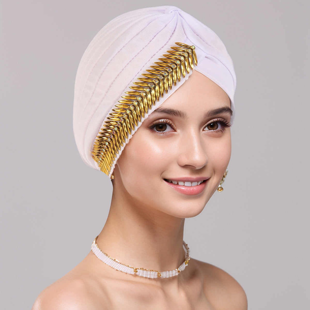 Rhinestone Turban Cap, Women's Pleated Elastic Head Wrap, Chemo Cap