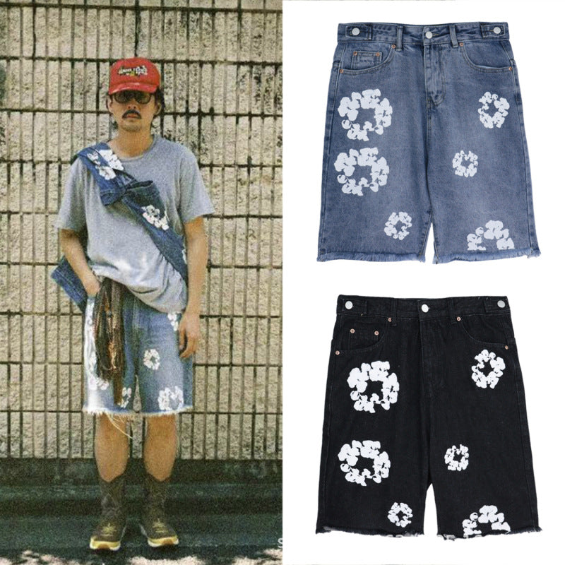 Cotton Flower Design Unisex Denim Shorts