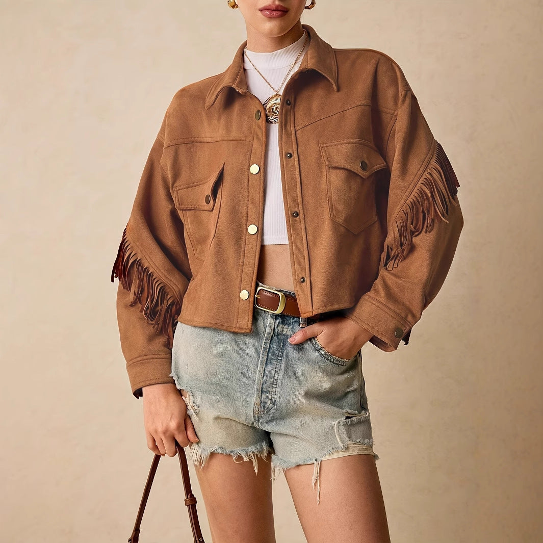 Vireous Women's Faux Suede Long Sleeve Tassel-Trimmed Casual Jacket