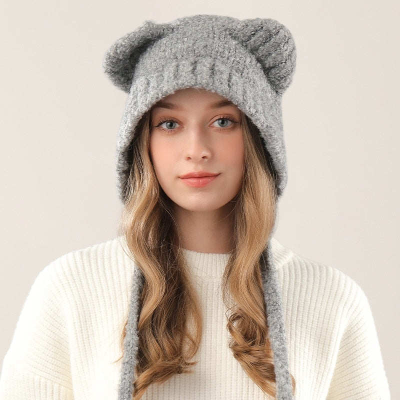 Cute Bear Ears Women's Knitted Hat with Earmuffs