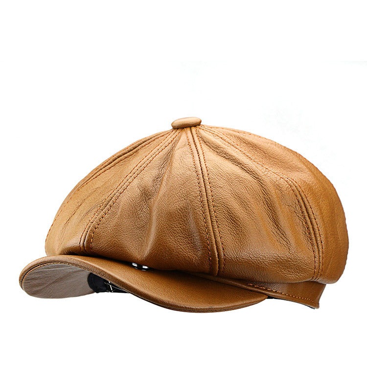 British Cowhide Leather Octagonal Cap, Unisex Peaked Cap