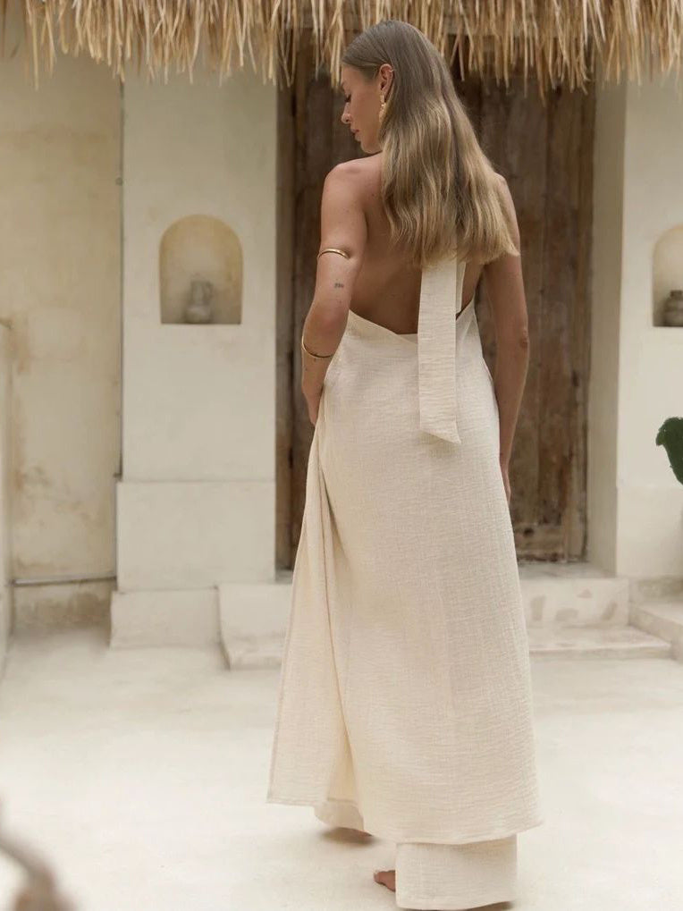 Cotton and Linen High Slit Women's Summer Suit, Long Top and Pants