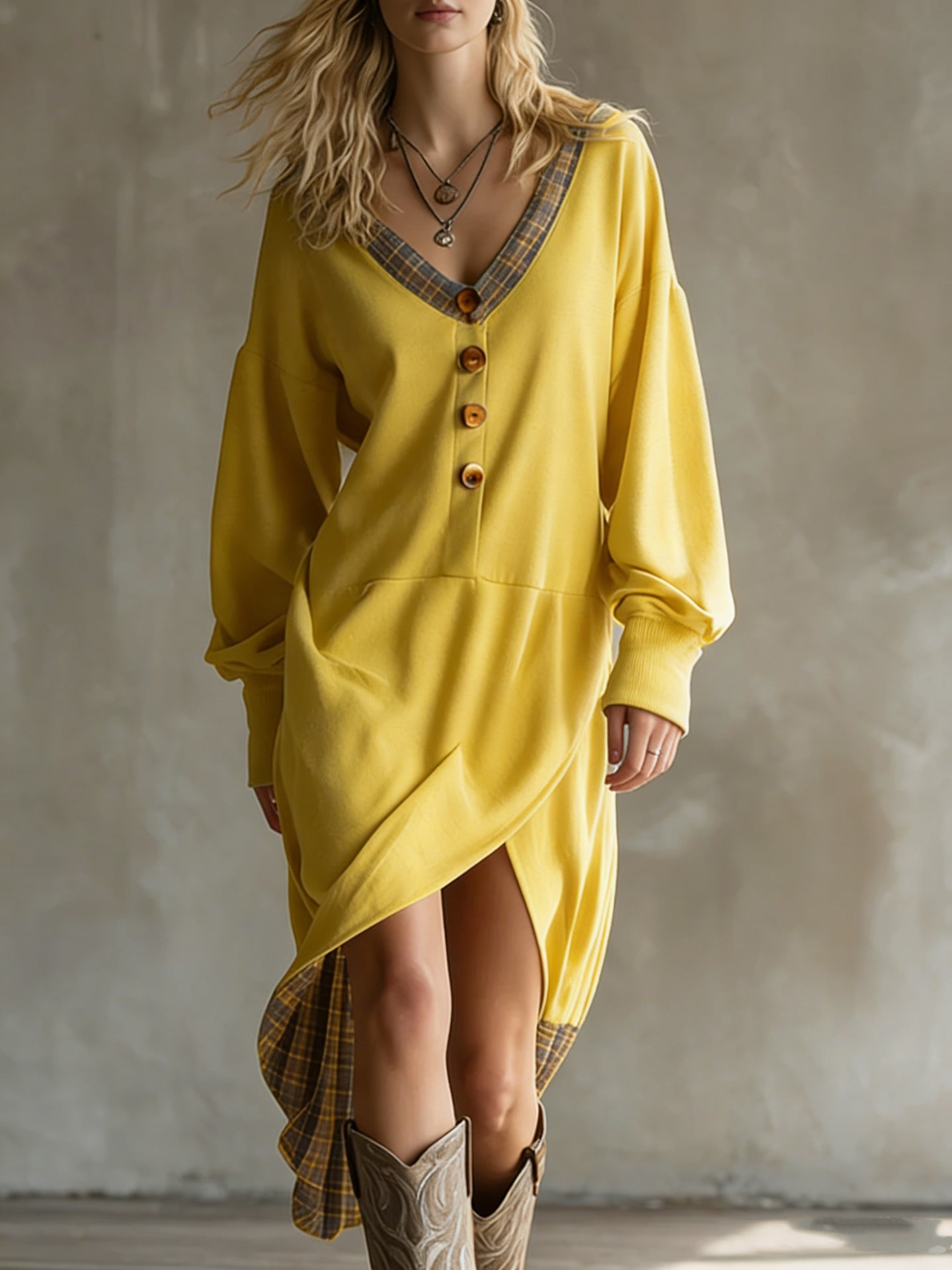 Fashion Casual Flowing Button-Front Long-Sleeve Dress