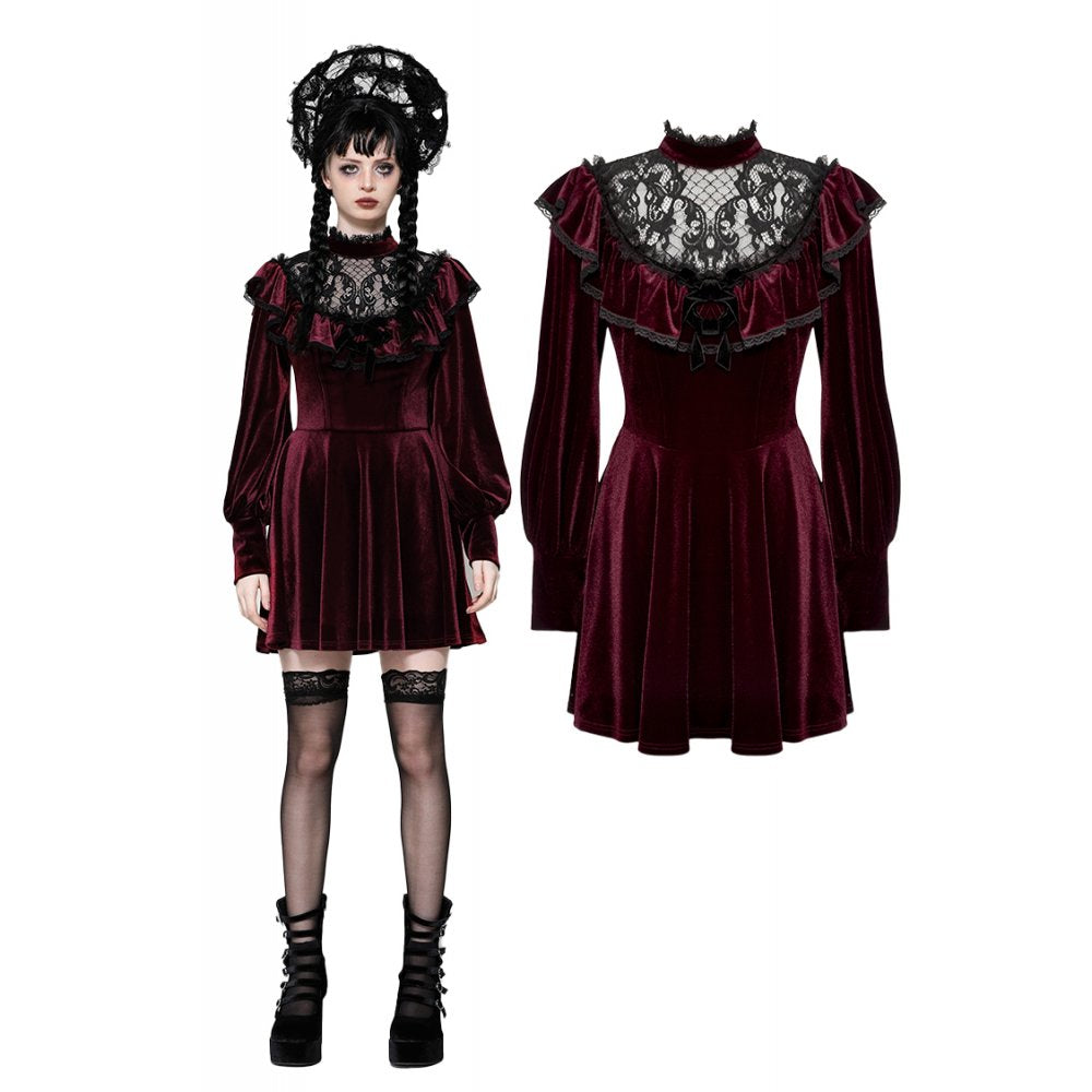 burgundy goth dress Dark in Love Verity Burgundy Velvet Dress with Black Gothic Lace –  Vireous.Shop