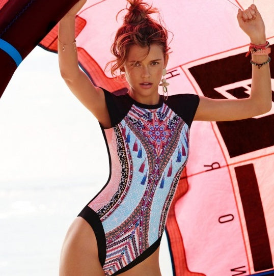 Brazilian Print Swimwear, Round Neck Backless Swimsuit