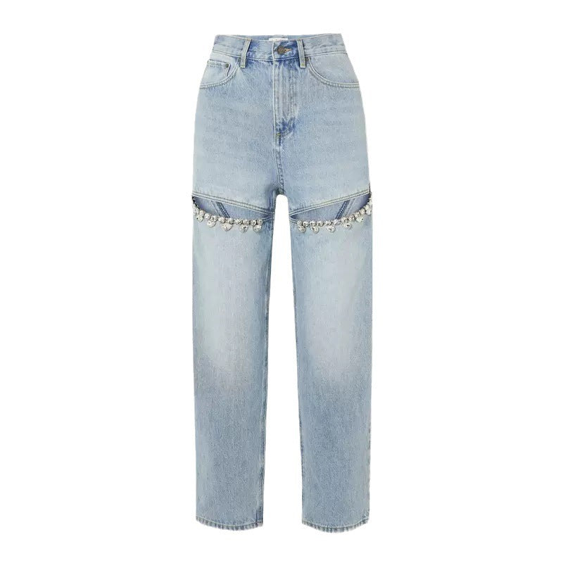 Women's Crystal Decorated High-Waist Straight Leg Jeans