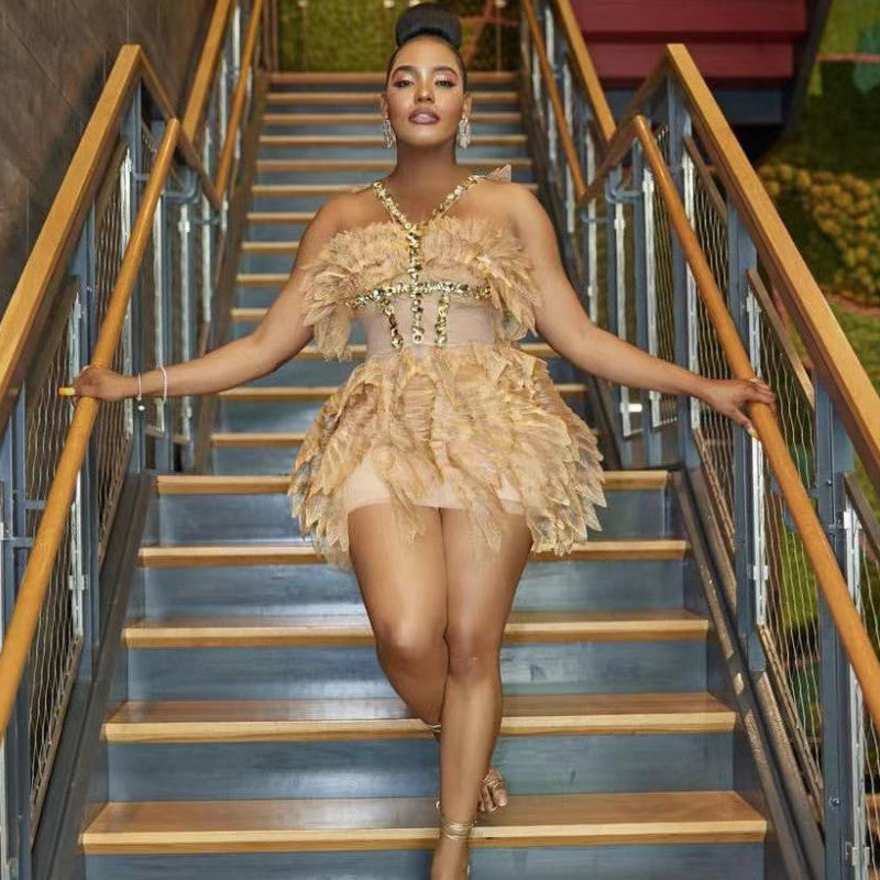 Gold Tight Short Dress, Off-Shoulder Halter, Nightclub Women's Stage C   Vireous.Shop