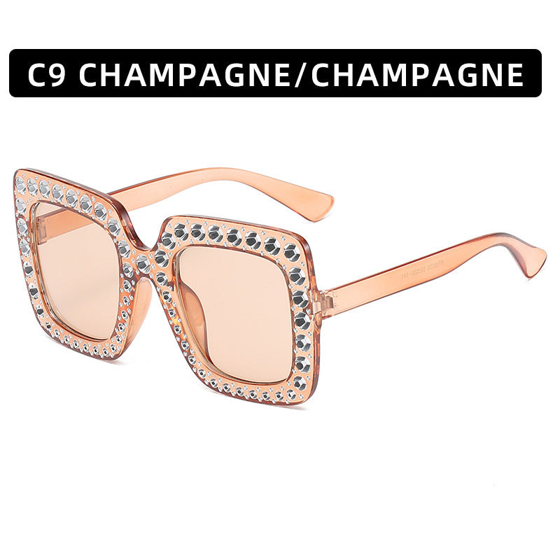 Large Square-Frame Avant Garde Sunglasses with Sparkling Rhinestones
