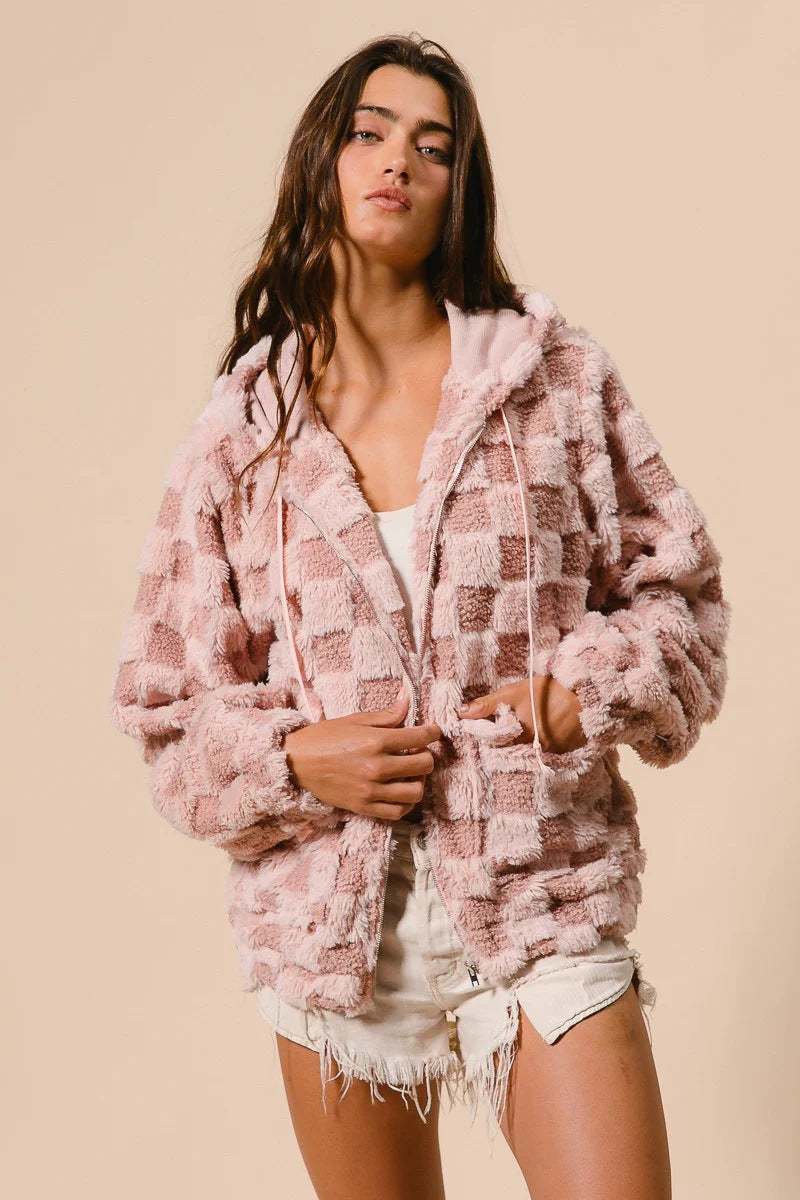 Women's Plaid Zipper Cardigan Plush Hoodie