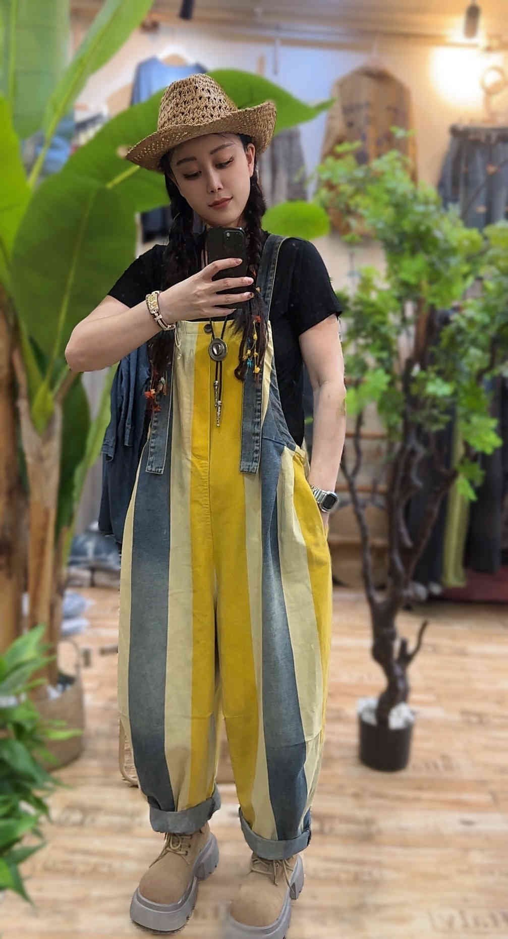 Vintage Stripe Suspender Pants, Women's Loose Cotton Denim Jumpsuit