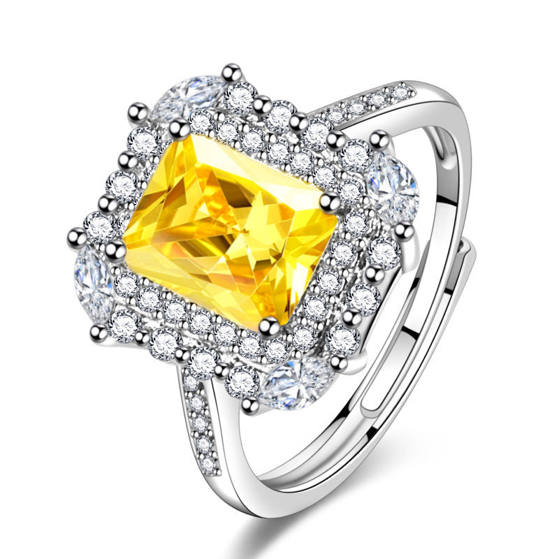 Crystal Square Design, Sparkling Yellow or Purple Citrine Adjustable Ring