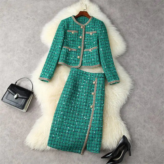 Vireous Green Tweed Jacket and Skirt Set, Winter Catwalk Collection