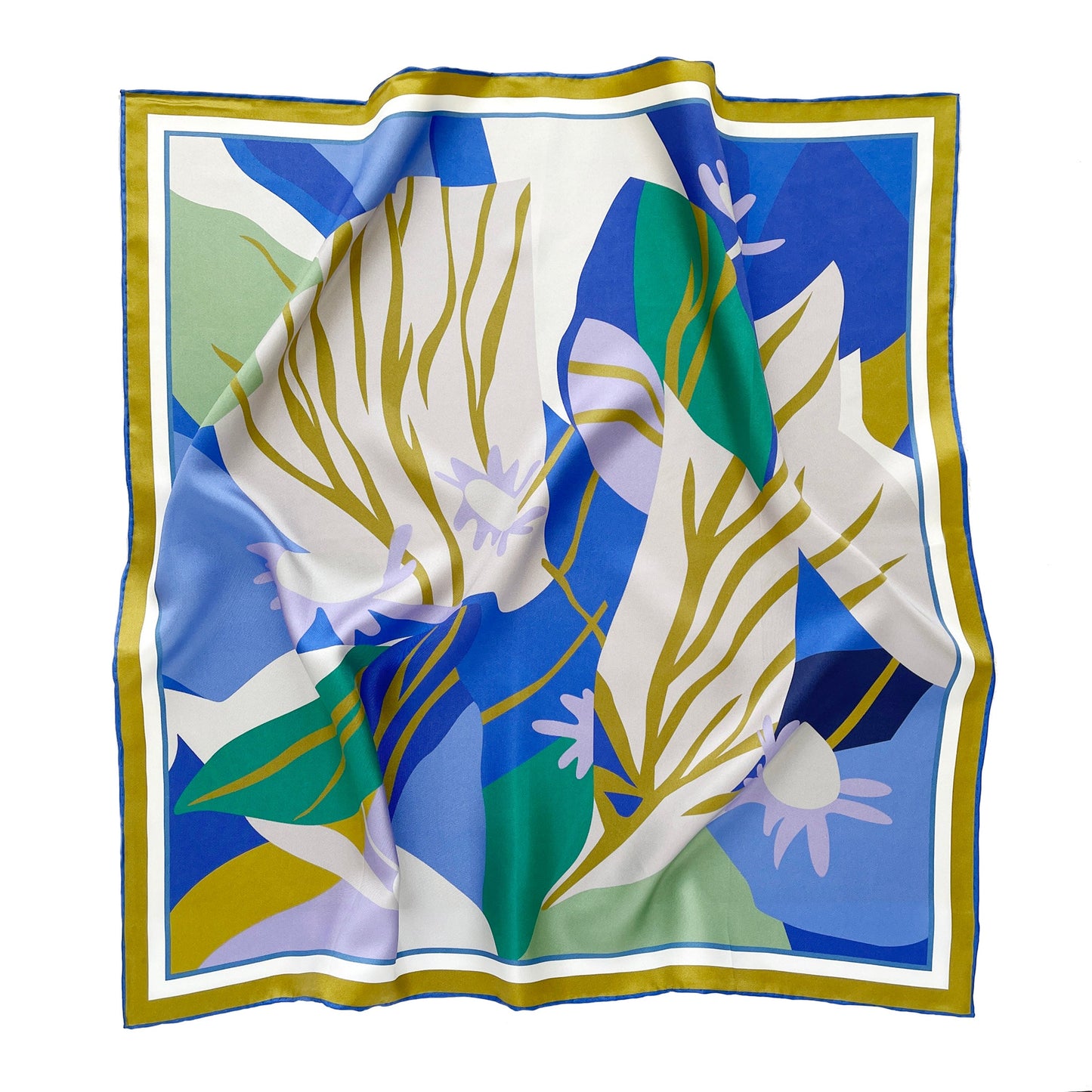 Blue Abstract Lotus Silk Square Scarf, 65cm Double-Sided Print Unisex Bandana Scarf with Hand-rolled Edges