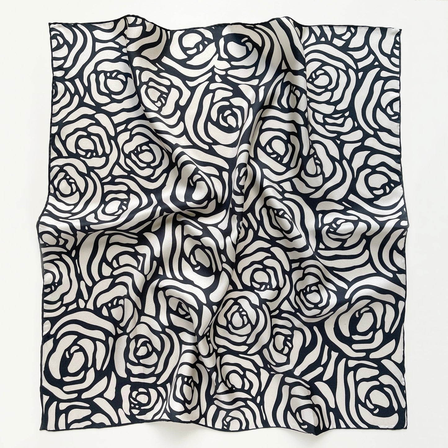 Charcoal Black Abstract Rose Silk Scarf, 65cm Women's Bandana Square with Hand-Rolled Edges
