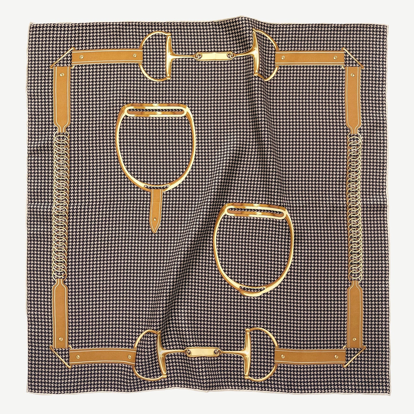 Classic Houndstooth Silk Scarf, Hand-Rolled Square Bandana, Black and Beige