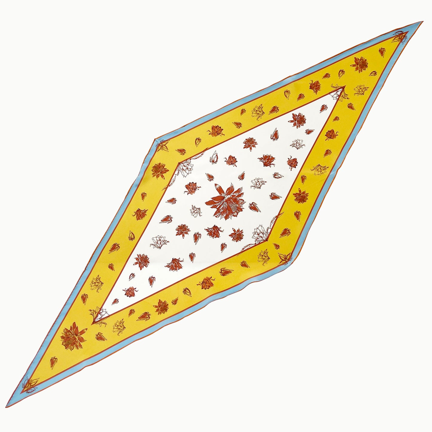 Yellow Floral Print Diamond Silk Scarf, 100% Silk Crêpe de Chine